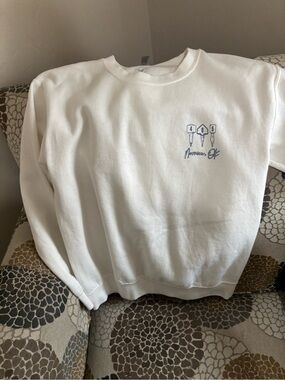 White Graphic Crewneck Sweatshirt with Light Blue Chest Logo